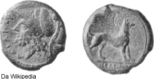 Moneta in bronzo (278-270 a.C.), recante la
        scritta ADPANOY, che riporta sul diritto la testa elmata
        di un uomo e sul rovescio un cane con la scritta MAMERTINON. 