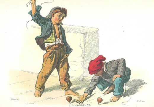 Ragazzini giocano con la strummola nella Napoli del 1850