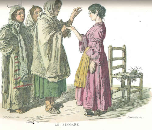 Una zingara legge la mano di una giovine nella Napoli del 1800