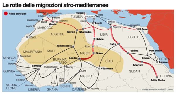 Le rotte di immigrazione dall'Africa verso l'Europa