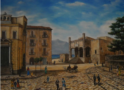La Chiesa di Santa Maria della Catena ai primi del 900 in una ricostruzione pittorica di Antonio Mesiti.