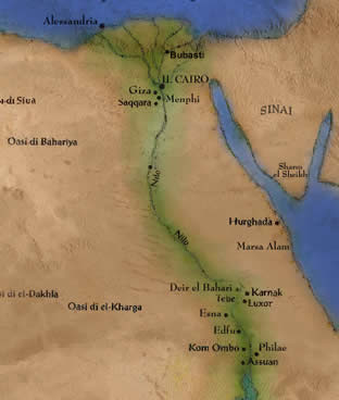 Mappa del corso del Nilo da Assuan e  Philae fino al delta dove sta Bubasti.