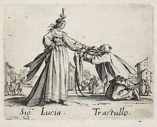 Una incisione di Jacques Callot facente parte della serie dei “Balli di Sfessania”, in cui la maschera Trastullo fa una dichiarazione d'amore alla cortigiana Lucia