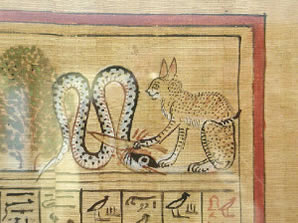 Dea ghepardo, probabilmente Madfet, taglia la testa ad Apophis, il drago delle tenebre.