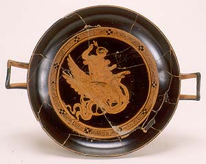 Kylix attica da Jena del V sec.a.C. che rappresenta Trittolemo su un cocchio trainato da un serpente alato