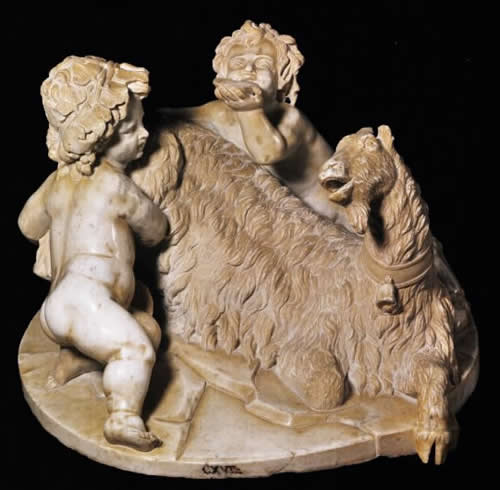 Zeus bambino, la capra Amaltea e un fauno