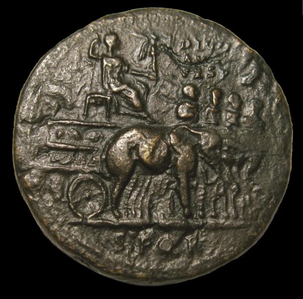 Moneta romana che rappresenta Vespasiano che guida un carro trainato da 4 elefanti