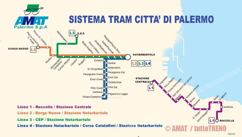 Mappa linee tram di Palermo